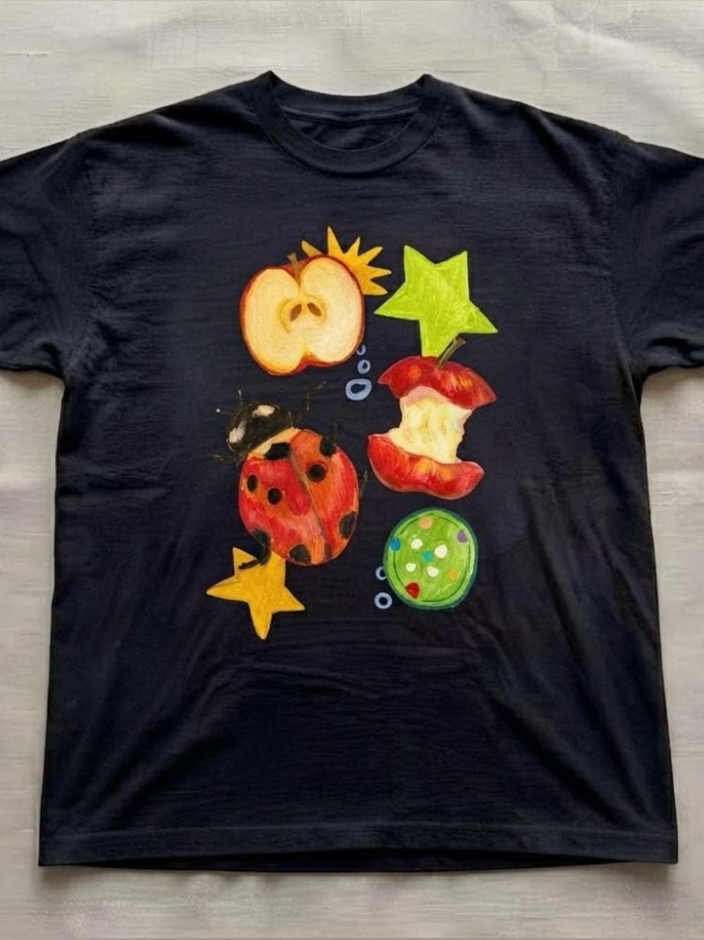 Black Ladybug Apple Star Whimsical Food Art Tee